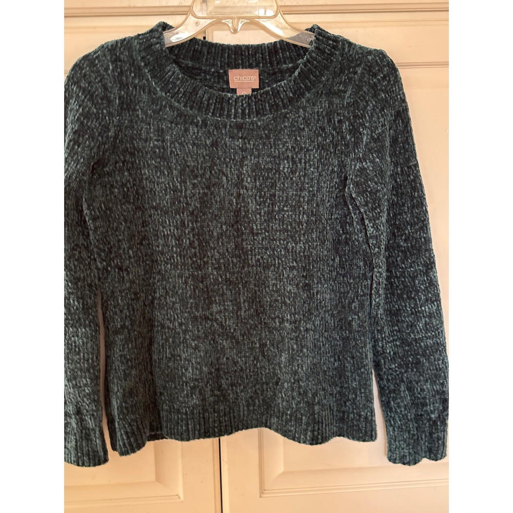 Chicos Chenille Sweater Womens 0 XS Dark Teal Green Crew Neck Long Sleeve Plush